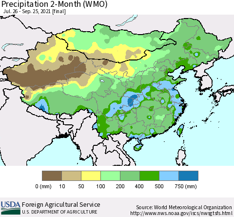 China, Mongolia and Taiwan Precipitation 2-Month (WMO) Thematic Map For 7/26/2021 - 9/25/2021