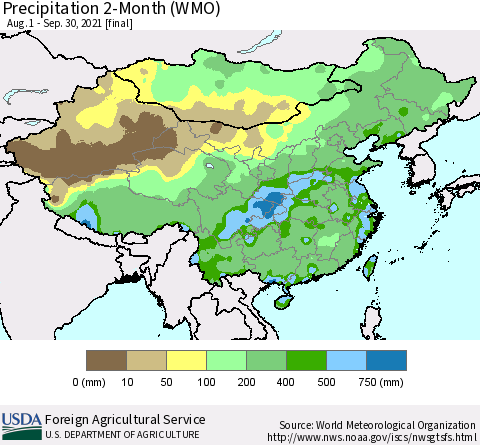 China, Mongolia and Taiwan Precipitation 2-Month (WMO) Thematic Map For 8/1/2021 - 9/30/2021