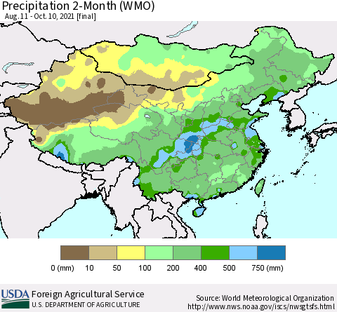 China, Mongolia and Taiwan Precipitation 2-Month (WMO) Thematic Map For 8/11/2021 - 10/10/2021