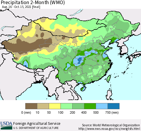 China, Mongolia and Taiwan Precipitation 2-Month (WMO) Thematic Map For 8/16/2021 - 10/15/2021