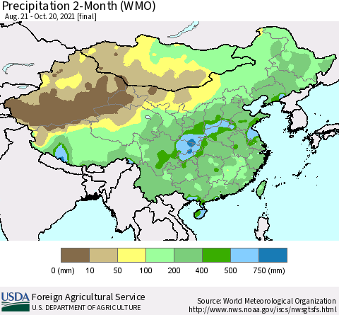 China, Mongolia and Taiwan Precipitation 2-Month (WMO) Thematic Map For 8/21/2021 - 10/20/2021