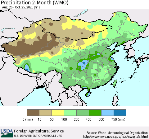 China, Mongolia and Taiwan Precipitation 2-Month (WMO) Thematic Map For 8/26/2021 - 10/25/2021