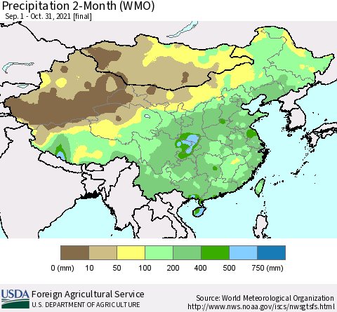 China, Mongolia and Taiwan Precipitation 2-Month (WMO) Thematic Map For 9/1/2021 - 10/31/2021