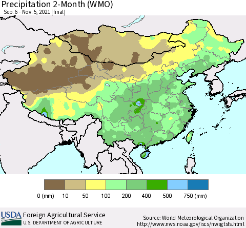 China, Mongolia and Taiwan Precipitation 2-Month (WMO) Thematic Map For 9/6/2021 - 11/5/2021