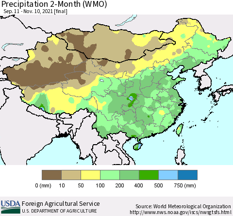China, Mongolia and Taiwan Precipitation 2-Month (WMO) Thematic Map For 9/11/2021 - 11/10/2021