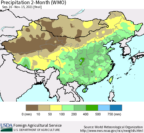 China, Mongolia and Taiwan Precipitation 2-Month (WMO) Thematic Map For 9/16/2021 - 11/15/2021