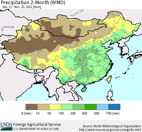 China, Mongolia and Taiwan Precipitation 2-Month (WMO) Thematic Map For 9/21/2021 - 11/20/2021