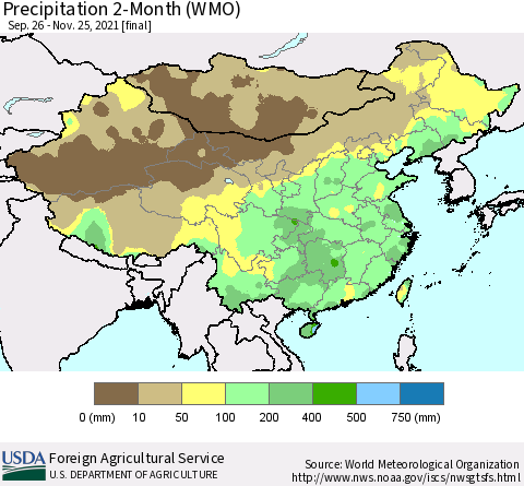 China, Mongolia and Taiwan Precipitation 2-Month (WMO) Thematic Map For 9/26/2021 - 11/25/2021