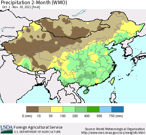 China, Mongolia and Taiwan Precipitation 2-Month (WMO) Thematic Map For 10/1/2021 - 11/30/2021