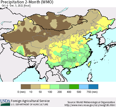 China, Mongolia and Taiwan Precipitation 2-Month (WMO) Thematic Map For 10/6/2021 - 12/5/2021