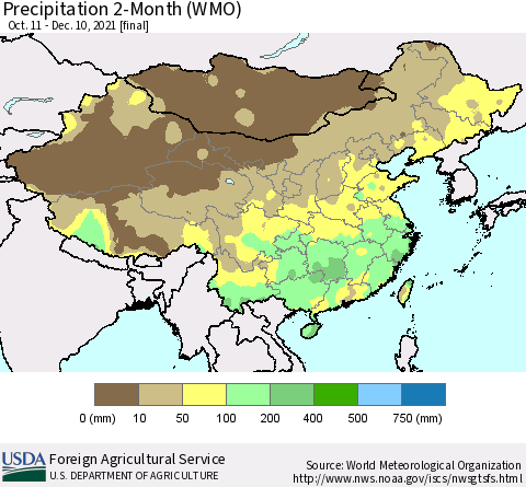 China, Mongolia and Taiwan Precipitation 2-Month (WMO) Thematic Map For 10/11/2021 - 12/10/2021