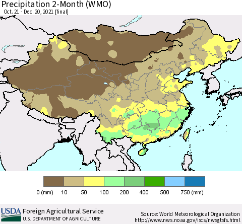 China, Mongolia and Taiwan Precipitation 2-Month (WMO) Thematic Map For 10/21/2021 - 12/20/2021
