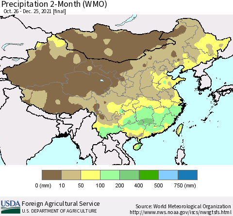 China, Mongolia and Taiwan Precipitation 2-Month (WMO) Thematic Map For 10/26/2021 - 12/25/2021