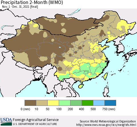 China, Mongolia and Taiwan Precipitation 2-Month (WMO) Thematic Map For 11/1/2021 - 12/31/2021
