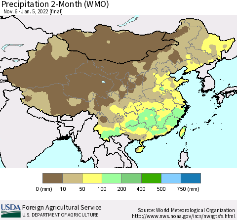 China, Mongolia and Taiwan Precipitation 2-Month (WMO) Thematic Map For 11/6/2021 - 1/5/2022