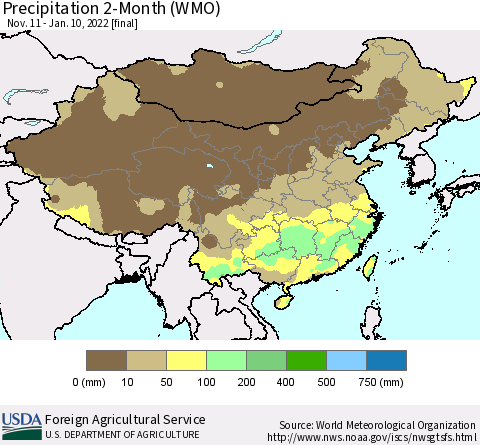 China, Mongolia and Taiwan Precipitation 2-Month (WMO) Thematic Map For 11/11/2021 - 1/10/2022