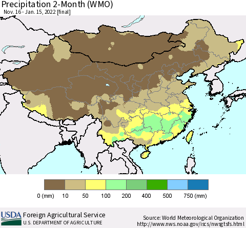 China, Mongolia and Taiwan Precipitation 2-Month (WMO) Thematic Map For 11/16/2021 - 1/15/2022