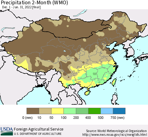 China, Mongolia and Taiwan Precipitation 2-Month (WMO) Thematic Map For 12/1/2021 - 1/31/2022