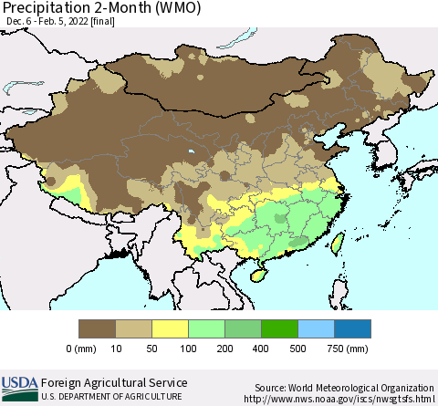China, Mongolia and Taiwan Precipitation 2-Month (WMO) Thematic Map For 12/6/2021 - 2/5/2022