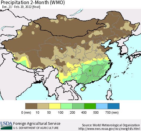 China, Mongolia and Taiwan Precipitation 2-Month (WMO) Thematic Map For 12/21/2021 - 2/20/2022