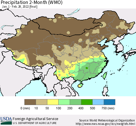 China, Mongolia and Taiwan Precipitation 2-Month (WMO) Thematic Map For 1/1/2022 - 2/28/2022