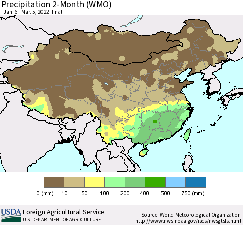 China, Mongolia and Taiwan Precipitation 2-Month (WMO) Thematic Map For 1/6/2022 - 3/5/2022