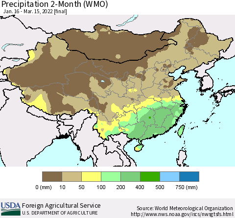 China, Mongolia and Taiwan Precipitation 2-Month (WMO) Thematic Map For 1/16/2022 - 3/15/2022