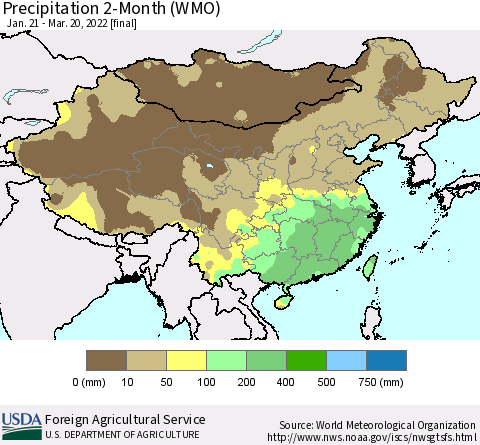 China, Mongolia and Taiwan Precipitation 2-Month (WMO) Thematic Map For 1/21/2022 - 3/20/2022