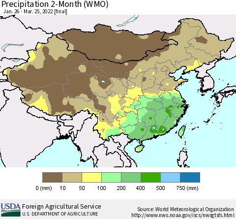 China, Mongolia and Taiwan Precipitation 2-Month (WMO) Thematic Map For 1/26/2022 - 3/25/2022