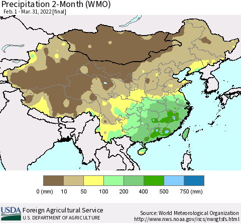 China, Mongolia and Taiwan Precipitation 2-Month (WMO) Thematic Map For 2/1/2022 - 3/31/2022
