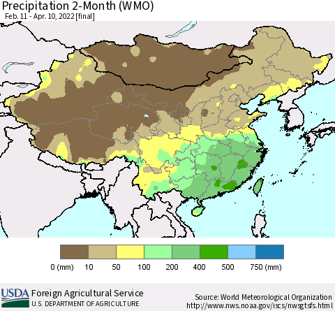 China, Mongolia and Taiwan Precipitation 2-Month (WMO) Thematic Map For 2/11/2022 - 4/10/2022