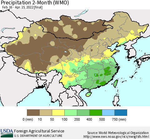 China, Mongolia and Taiwan Precipitation 2-Month (WMO) Thematic Map For 2/16/2022 - 4/15/2022