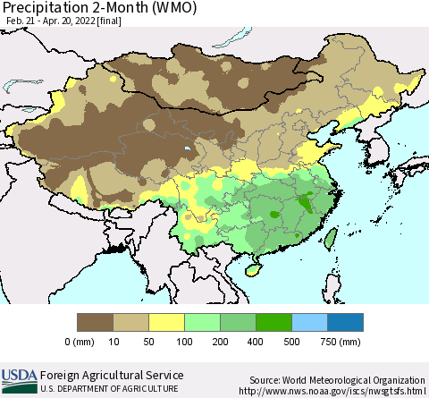 China, Mongolia and Taiwan Precipitation 2-Month (WMO) Thematic Map For 2/21/2022 - 4/20/2022