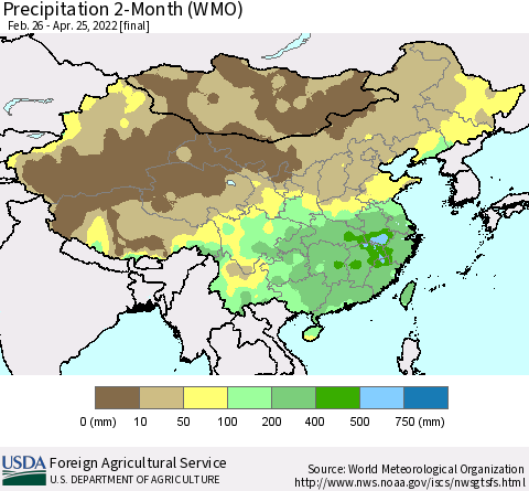 China, Mongolia and Taiwan Precipitation 2-Month (WMO) Thematic Map For 2/26/2022 - 4/25/2022