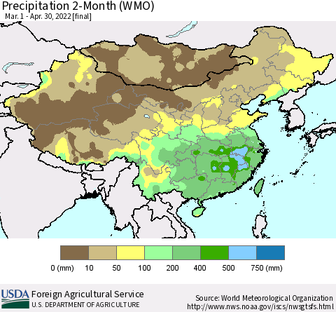 China, Mongolia and Taiwan Precipitation 2-Month (WMO) Thematic Map For 3/1/2022 - 4/30/2022
