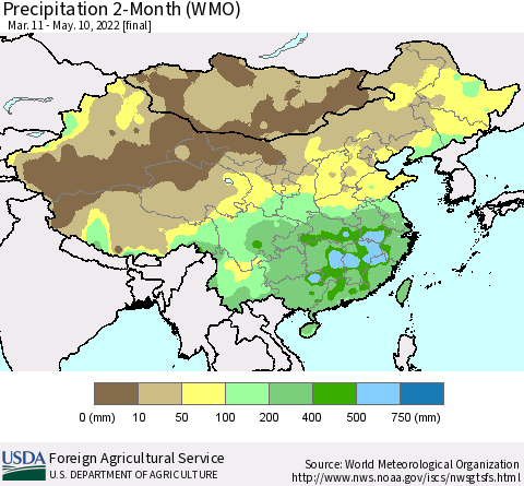 China, Mongolia and Taiwan Precipitation 2-Month (WMO) Thematic Map For 3/11/2022 - 5/10/2022