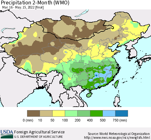 China, Mongolia and Taiwan Precipitation 2-Month (WMO) Thematic Map For 3/16/2022 - 5/15/2022