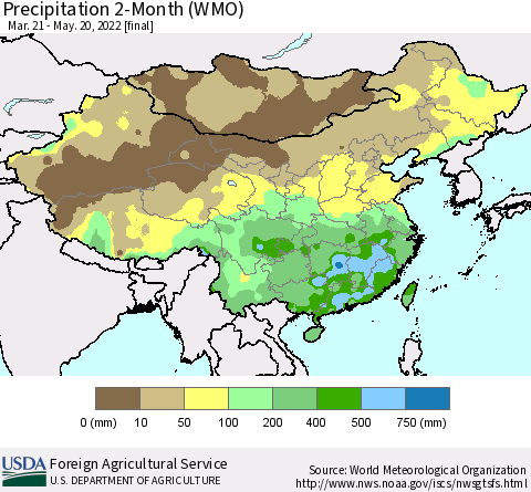China, Mongolia and Taiwan Precipitation 2-Month (WMO) Thematic Map For 3/21/2022 - 5/20/2022