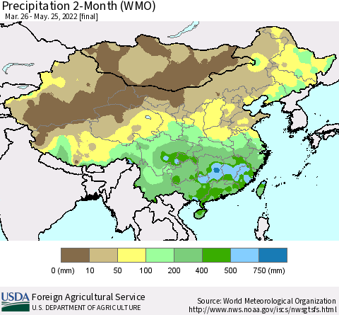 China, Mongolia and Taiwan Precipitation 2-Month (WMO) Thematic Map For 3/26/2022 - 5/25/2022