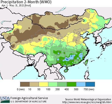 China, Mongolia and Taiwan Precipitation 2-Month (WMO) Thematic Map For 4/1/2022 - 5/31/2022