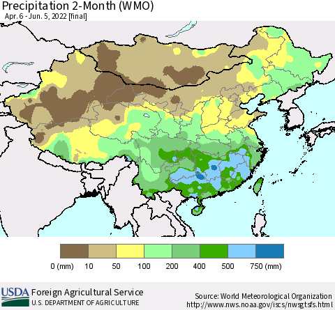 China, Mongolia and Taiwan Precipitation 2-Month (WMO) Thematic Map For 4/6/2022 - 6/5/2022