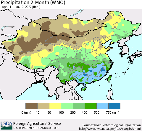 China, Mongolia and Taiwan Precipitation 2-Month (WMO) Thematic Map For 4/11/2022 - 6/10/2022