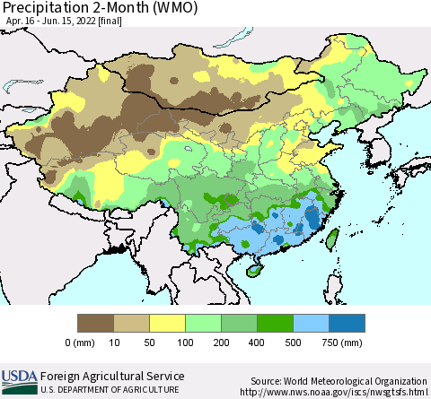 China, Mongolia and Taiwan Precipitation 2-Month (WMO) Thematic Map For 4/16/2022 - 6/15/2022
