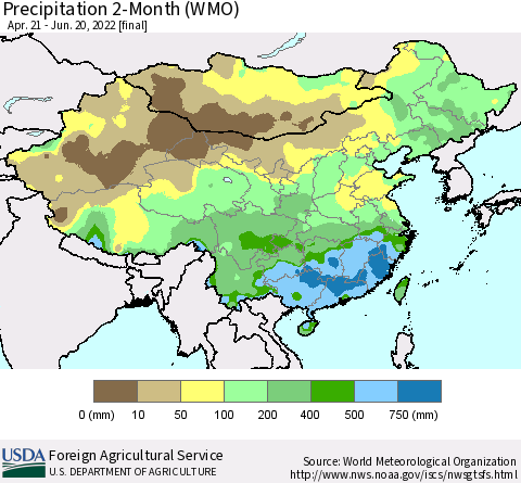 China, Mongolia and Taiwan Precipitation 2-Month (WMO) Thematic Map For 4/21/2022 - 6/20/2022