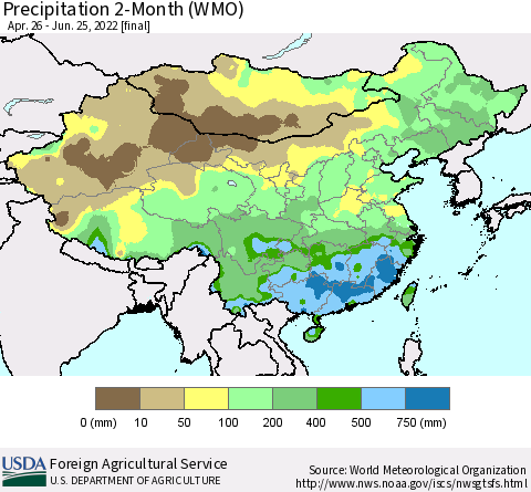 China, Mongolia and Taiwan Precipitation 2-Month (WMO) Thematic Map For 4/26/2022 - 6/25/2022