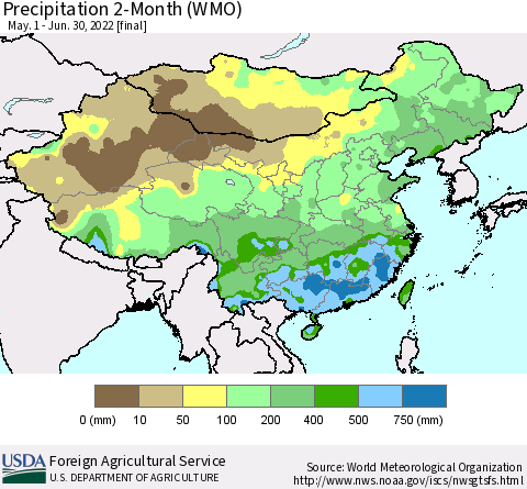 China, Mongolia and Taiwan Precipitation 2-Month (WMO) Thematic Map For 5/1/2022 - 6/30/2022