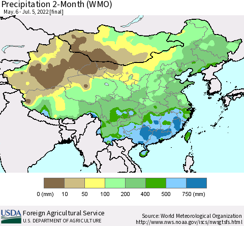 China, Mongolia and Taiwan Precipitation 2-Month (WMO) Thematic Map For 5/6/2022 - 7/5/2022