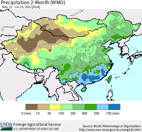 China, Mongolia and Taiwan Precipitation 2-Month (WMO) Thematic Map For 5/11/2022 - 7/10/2022