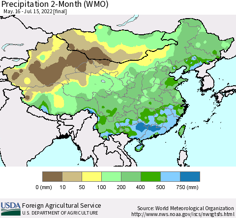 China, Mongolia and Taiwan Precipitation 2-Month (WMO) Thematic Map For 5/16/2022 - 7/15/2022