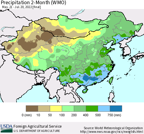China, Mongolia and Taiwan Precipitation 2-Month (WMO) Thematic Map For 5/21/2022 - 7/20/2022